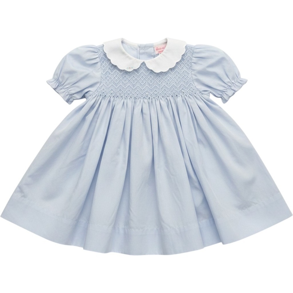 Petit Ami Smocked Dress Baby Girls 3M Blue Hand Embroidered Peter Pan Collar